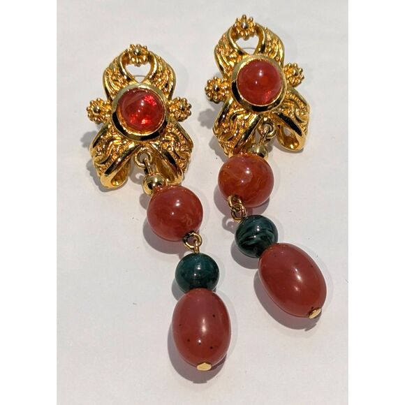 Faux Carnelian and Jade Set in Gold Tone - Picture 4 of 7